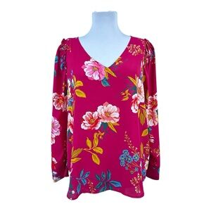 LOFT NEW Women's Large Petite LP Pullover Blouse Floral Pink V-Nek Long Sleeves